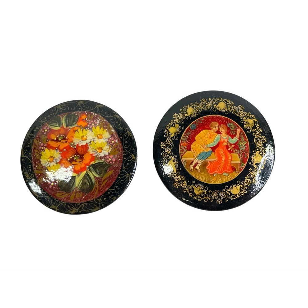Vintage Russian Lacquer Brooch Pin Set Hand Painted Floral & Couple Folk Art 2pc